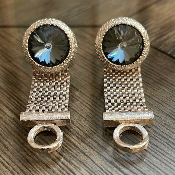 Vintage Silver-tone DANTE Bold Frame Blue Rivoli Glass Stone Mesh Wrap Cufflinks - Picture 2 of 16